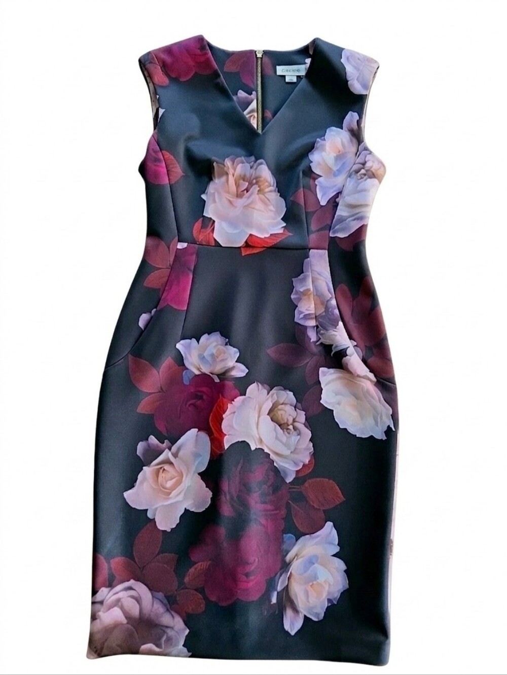 Calvin Klein Black Rose Floral Sheath Dress Size 10 V-Neck Sleeveless